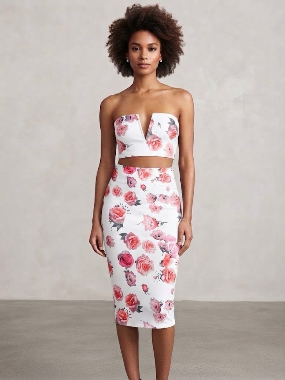 House of elegance retro Two-Piece Floral Co-ord Set Midi Skirt & V-Wire Crop Top